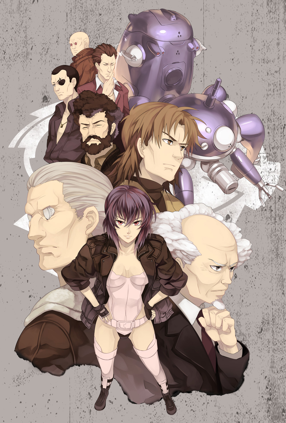 1girl 6+boys aramaki_daisuke bald batou_(gits) beard black_hair boma_(gits) brown_eyes brown_hair cigarette cyberpunk everyone facial_hair fingerless_gloves ghost_in_the_shell ghost_in_the_shell:_stand_alone_complex gloves grey_hair hands_on_own_hips highres ishikawa_(gits) jacket kusanagi_motoko leotard mecha multiple_boys osamu_(jagabata) paz_(gits) purple_hair red_eyes revision robot saitou_(gits) science_fiction short_hair simple_background smoke tachikoma thighhighs togusa_(gits) white_hair
