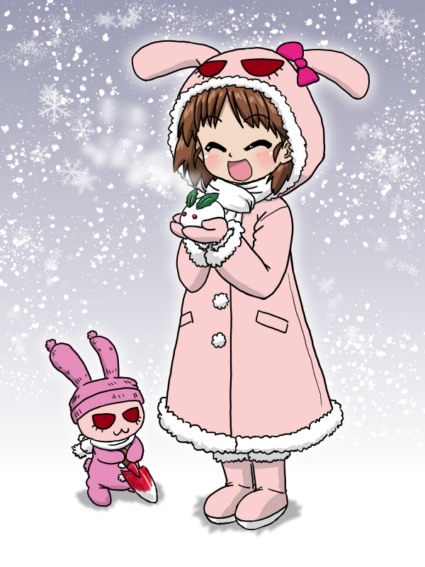 1girl 1other boots brown_hair closed_eyes coat fur_coat girls_und_panzer hood hoodie mascot open_mouth pink_boots pink_coat rabbit sakaguchi_karina scarf short_hair smile snow_rabbit snowing takahashi_kurage white_scarf winter winter_clothes winter_coat
