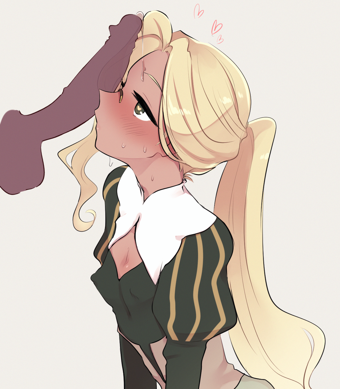 2boys androgynous blonde_hair cookie_run dark-skinned_male dark_skin disembodied_penis eclair_cookie from_side grey_background heart heart-shaped_pupils highres male_focus multiple_boys niwa_(niwa827) penis penis_awe penis_on_face ponytail precum profile puffy_sleeves simple_background symbol-shaped_pupils trap uncensored yaoi