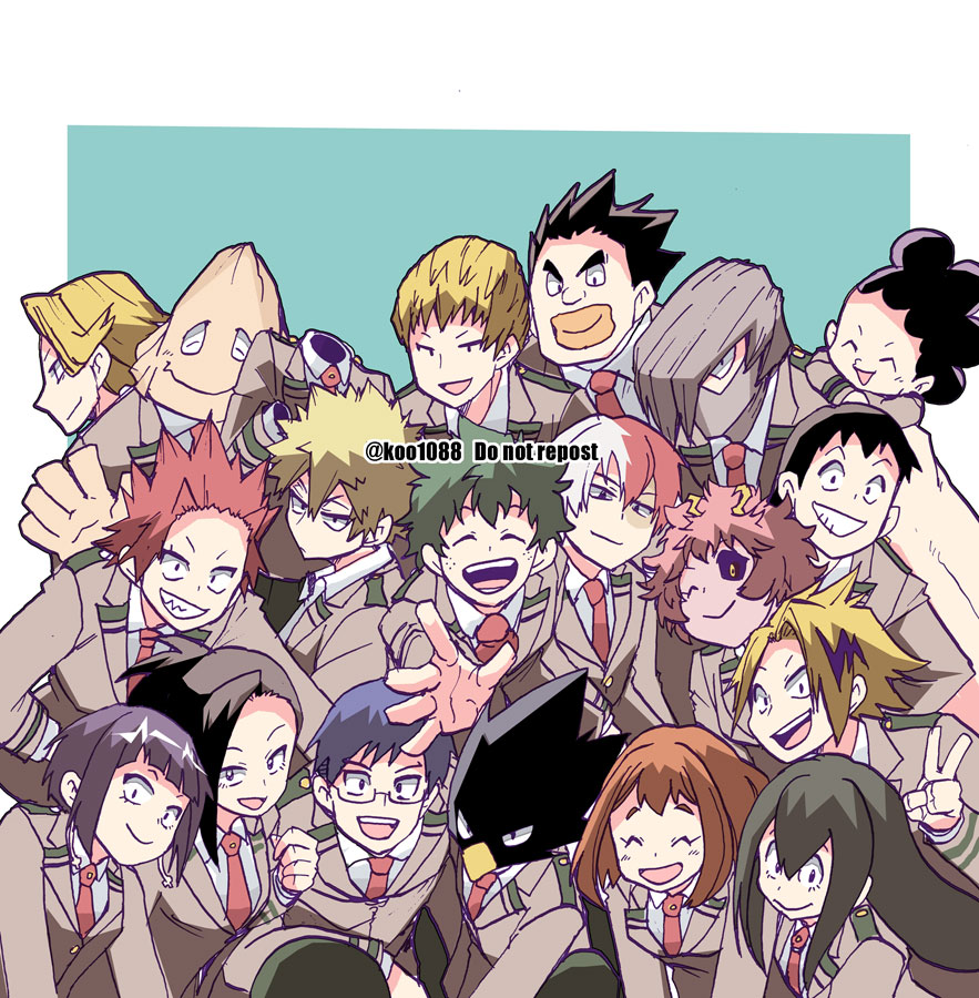 6+boys 6+girls aoyama_yuuga aqua_background ashido_mina asui_tsuyu bakugou_katsuki black_hair blazer blonde_hair blue_hair boku_no_hero_academia brown_hair closed_eyes closed_mouth collared_shirt commentary freckles green_hair grey_hair grey_jacket hagakure_toru iida_tenya invisible jacket jiro_kyoka kaminari_denki kirishima_eijirou koo1088 kouda_kouji long_hair long_sleeves looking_at_viewer midoriya_izuku mineta_minoru multiple_boys multiple_girls necktie ojiro_mashirao one_eye_closed open_mouth pink_hair purple_hair reaching reaching_towards_viewer red_hair red_necktie satou_rikidou school_uniform sero_hanta shirt short_hair shouji_mezou simple_background smile todoroki_shoto tokoyami_fumikage twitter_username u.a._school_uniform uraraka_ochako white_hair white_shirt yaoyorozu_momo