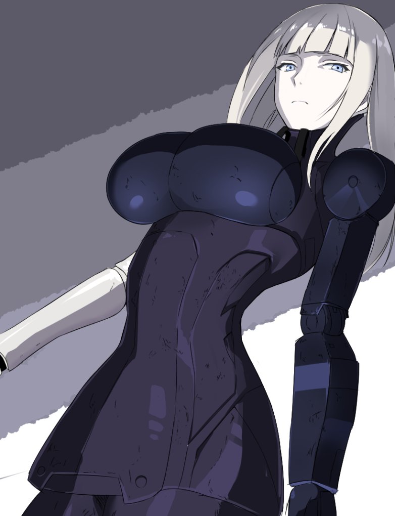 1girl blame! blue_eyes bodysuit breasts cibo closed_mouth commentary cyberpunk cyborg joints large_breasts long_hair looking_at_viewer mechanical_arms pale_skin robot_joints simple_background solo takara_joney white_hair