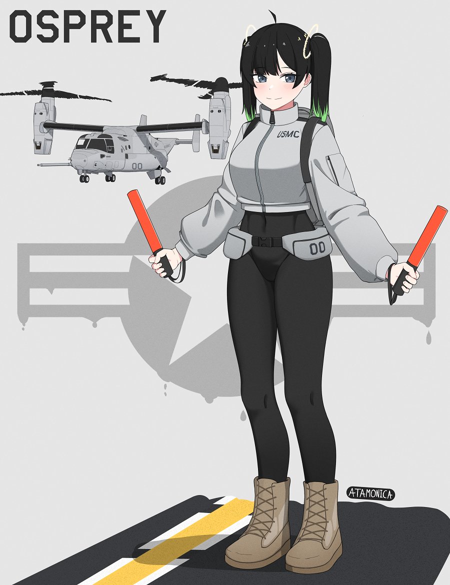 1girl aircraft artist_name atamonica black_hair black_pants breasts brown_footwear closed_mouth full_body green_hair grey_shirt long_sleeves military_vehicle multicolored_hair original pants shirt smile solo standing tiltrotor twintails two-tone_hair united_states_marine_corps v-22_osprey