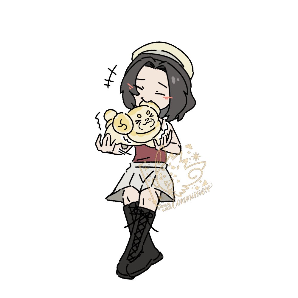 &gt;_&lt; 1girl animal_hands bagel black_shoes brown_hair character-themed_food closed_eyes deformed dog fidough food-themed_creature food_as_ears full_body game_freak hat holding holding_pokemon looking_at_another nintendo pokemon pokemon_(creature) red_shirt robinlovesop shirt shoes simple_background sitting skirt white_background white_skirt yellow_fur yellow_hat