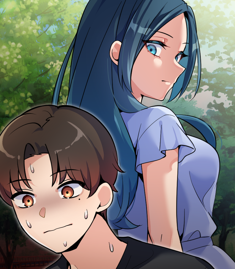 1boy 1girl black_shirt blue_eyes blue_hair blue_shirt breasts brown_eyes brown_hair day junjonta long_hair medium_breasts mole mole_under_eye nervous_sweating original outdoors parted_bangs shirt short_sleeves sweat tree