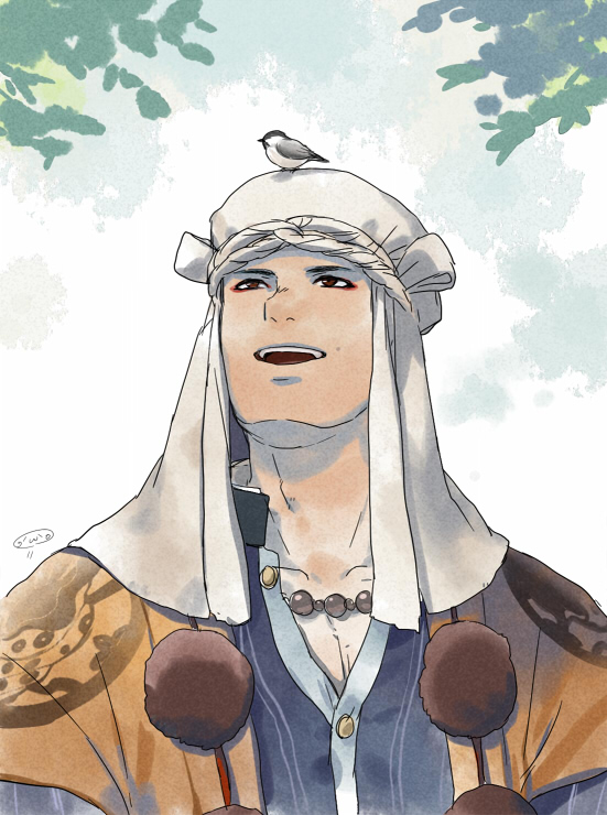 10s 1boy animal animal_on_head bird bird_on_head male_focus mizuhara_aki on_head open_mouth solo touken_ranbu upper_body yamabushi_kunihiro