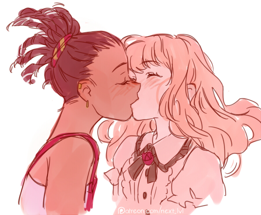 2girls blonde_hair brown_hair carole_&amp;_tuesday carole_stanley commentary dark-skinned_female dark_skin earrings english_commentary closed_eyes interracial jewelry kiss long_hair multiple_girls seguchi-sama simple_background tuesday_simmons white_background yuri