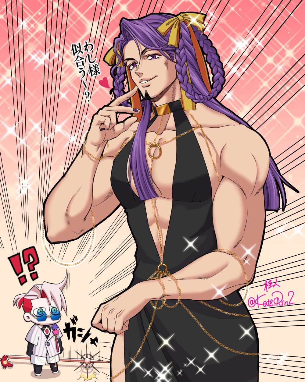 2boys @_@ bara bb_(fate) bb_dubai_(fate) bb_dubai_(fate)_(cosplay) black_dress braid braided_hair_rings chibi chibi_inset cosplay crossdressing dress duryodhana_(fate) earrings fabulous facial_hair fate/grand_order fate_(series) goatee goatee_stubble hair_ribbon hair_rings highres jewelry karna_(fate) karna_(summer_outfit)_(fate) kate_rin2 large_pectorals long_hair looking_at_viewer male_focus mature_male multiple_boys muscular muscular_male official_alternate_costume pectorals purple_eyes purple_hair purple_nails ribbon solo_focus sparkle_background stubble thick_eyebrows translation_request yellow_ribbon