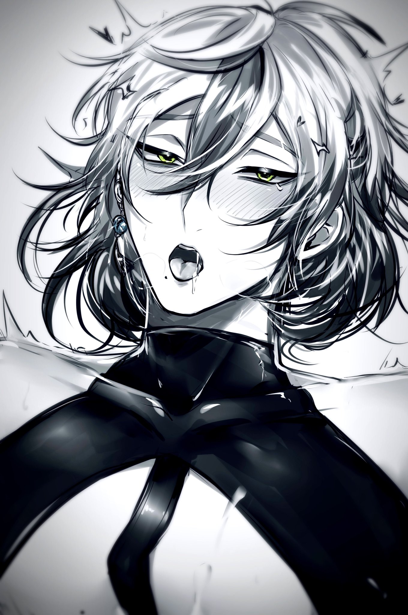 1boy action action_lines bare_shoulders black_hair blush breasts close-up drooling earrings green_eyes grey_hair greyscale hair_ornament half-closed_eyes heart highres implied_anal implied_sex implied_yaoi jewelry looking_at_viewer male_focus medium_hair messy_hair mole mole_on_breast mole_on_chest mole_under_mouth monochrome multicolored_hair nu_carnival rei_(nu_carnival) strap_gap tearing_up teeth tongue tongue_out upper_body upper_teeth_only white_background yadome810