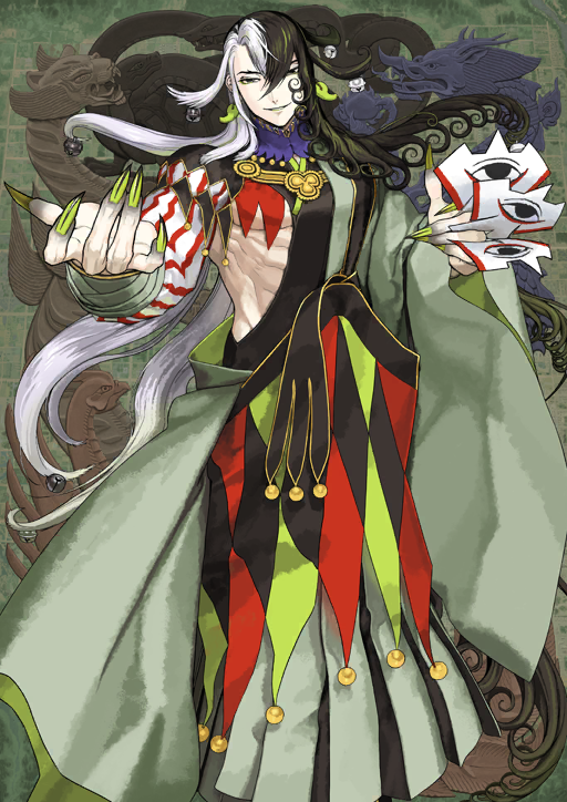 1boy argyle_sash ashiya_douman_(fate) bell between_fingers black_eyes black_hair black_skin collar colored_extremities colored_skin detached_sleeves earrings fate/grand_order fate_(series) feet_out_of_frame fingernails floating_hair furumi_showichi game_cg gradient_skin green_kimono green_nails hadanugi_dousa hair_bell hair_between_eyes hair_ornament hands_up head_tilt holding japanese_clothes jewelry jingle_bell kimono long_fingernails long_hair long_sleeves looking_at_viewer magatama magatama_earrings male_focus multicolored_hair official_art open_kimono parted_lips pectorals purple_collar sharp_fingernails single_detached_sleeve solo striped_sleeves talisman third-party_source toned toned_male two-tone_hair underpec variant_set very_long_hair white_hair wide_sleeves