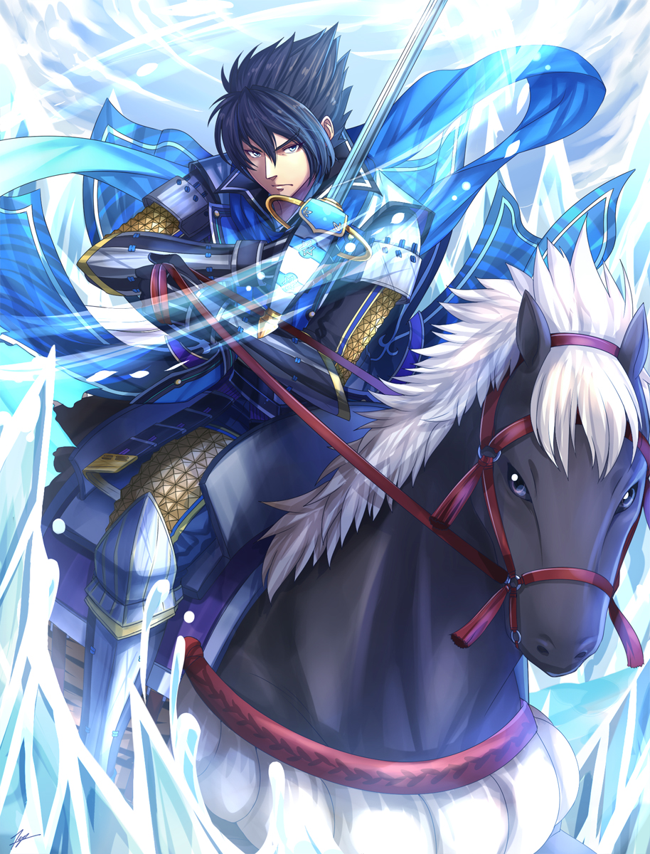 armor black_hair highres horse scarf sengoku_musou spiked_hair sword toudou_takatora_(sengoku_musou) weapon