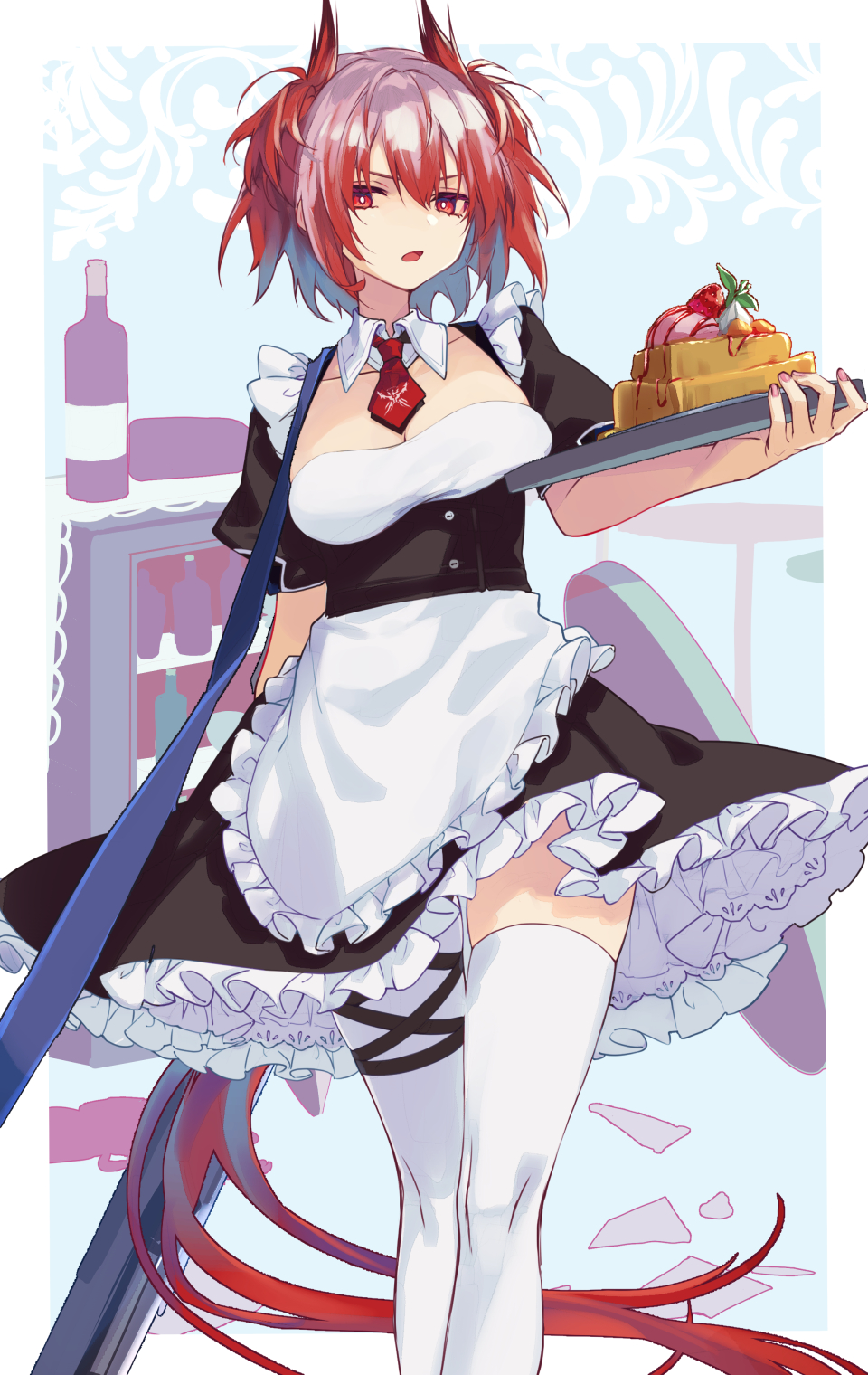 1girl alternate_costume apron arknights arm_behind_back black_dress blue_background blue_hair border bottle breast_lift breasts cleavage detached_collar dress enmaided feather_hair fiammetta_(arknights) food frilled_apron frilled_dress frills gameyaruzaurus highres holding holding_tray large_breasts maid multicolored_hair necktie open_mouth outside_border pantyhose red_eyes red_hair red_necktie short_hair short_sleeves single_leg_pantyhose single_thighhigh solo table thigh_strap thighhighs tray two-tone_hair v-shaped_eyebrows waist_apron walking white_apron white_border white_pantyhose white_thighhighs