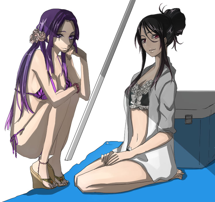 2girls bare_shoulders barefoot bikini black_hair bracelet cooler feet female_focus flower hair_bun hair_ornament high_heels jewelry long_hair multiple_girls navel nouhime nouhime_(sengoku_basara) purple_eyes purple_hair red_eyes ryo_(pixiv966497) sandals sengoku_basara sengoku_musou sengoku_musou_3 shirt shoes single_hair_bun sitting squatting swimsuit thighs wedge_heels white_shirt