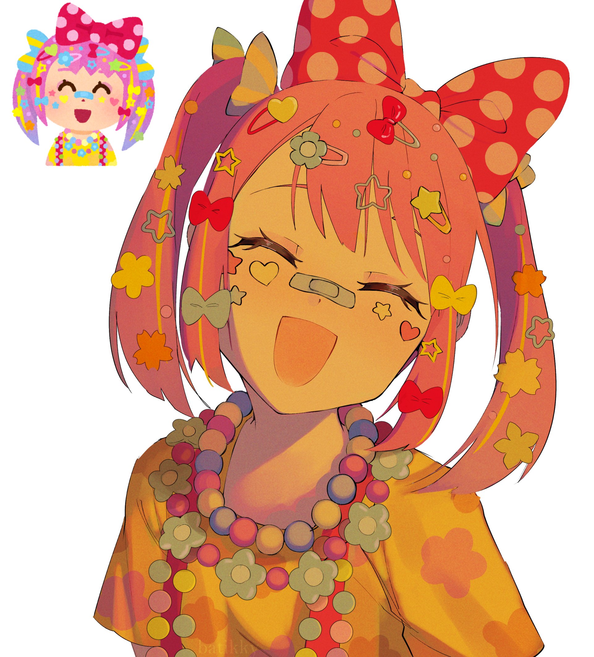 1girl :d ^_^ artist_name batikky bow cheek_tattoo closed_eyes facing_viewer floral_print flower from_above grey_bow hair_bow hair_flower hair_ornament hairclip hashtag-only_commentary heart heart_tattoo highres irasutoya irasutoya_challenge jewelry necklace open_mouth pearl_necklace pink_hair polka_dot polka_dot_bow portrait red_bow reference_inset shirt short_hair short_sleeves sidelocks simple_background smile solo star_(symbol) star_hair_ornament star_tattoo striped_bow tattoo twintails white_background yellow_shirt