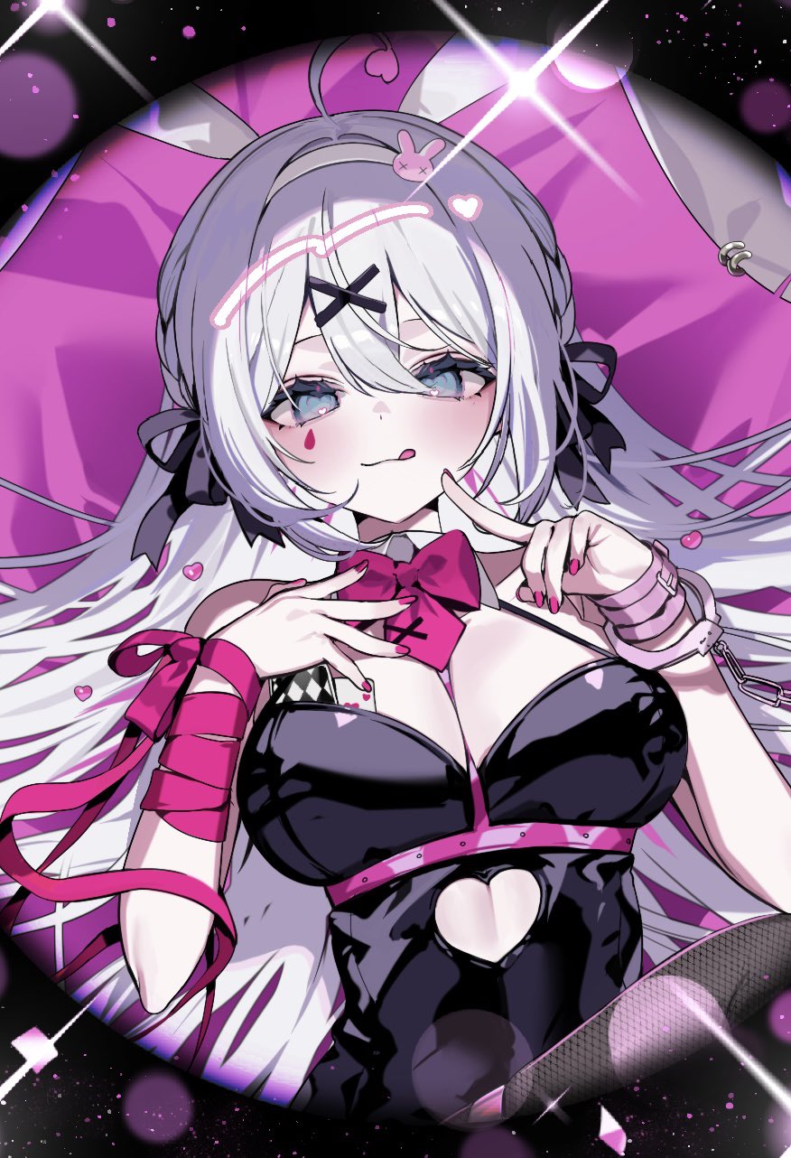 1girl aitsuki_nakuru blue_eyes blush bow bowtie breasts cleavage detached_collar hair_ribbon highres la_priere large_breasts leotard long_hair looking_at_viewer medium_breasts playboy_bunny rabbit_hole_(vocaloid) ribbon solo tagme tongue virtual_youtuber wrist_cuffs youichi_(45_01)
