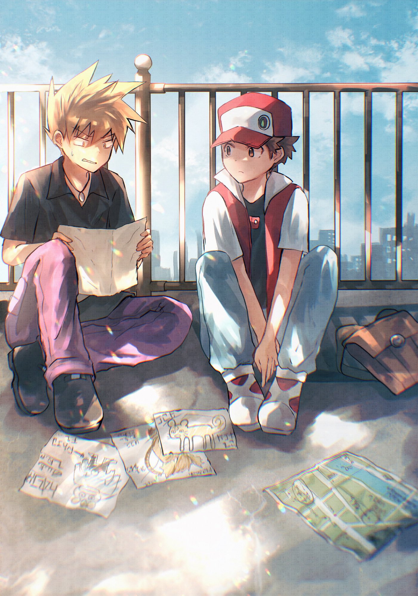 2boys black_shirt black_shoes blonde_hair blue_oak brown_bag brown_eyes brown_hair closed_mouth cloud collared_shirt day hat highres holding jacket jewelry male_focus map multiple_boys necklace nintendo open_clothes open_jacket outdoors pants pokemon pokemon_frlg pokemon_rgby purple_pants red_(pokemon) red_hat shirt shiruko_(s1ruko) shoes short_hair sitting spiked_hair white_shoes