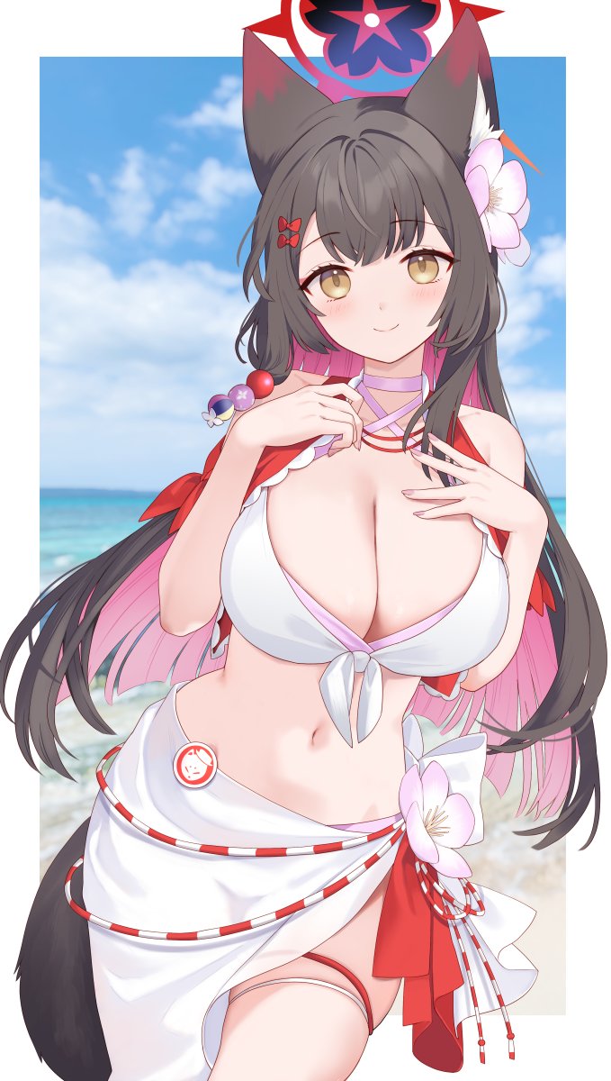 1girl alternate_costume animal_ear_fluff animal_ears bikini blue_archive blush breasts brown_hair cleavage closed_mouth colored_inner_hair commentary_request flower fox_ears fox_girl fox_tail hair_flower hair_intakes hair_ornament halo halterneck hands_on_own_chest highres ichinomiya_(blantte) large_breasts layered_bikini long_hair looking_at_viewer multicolored_hair navel pink_flower pink_hair red_halo sarong simple_background slit_pupils smile solo stomach swimsuit tail thighs wakamo_(blue_archive) wakamo_(pizza_hut)_(blue_archive) white_background white_bikini white_sarong yellow_eyes