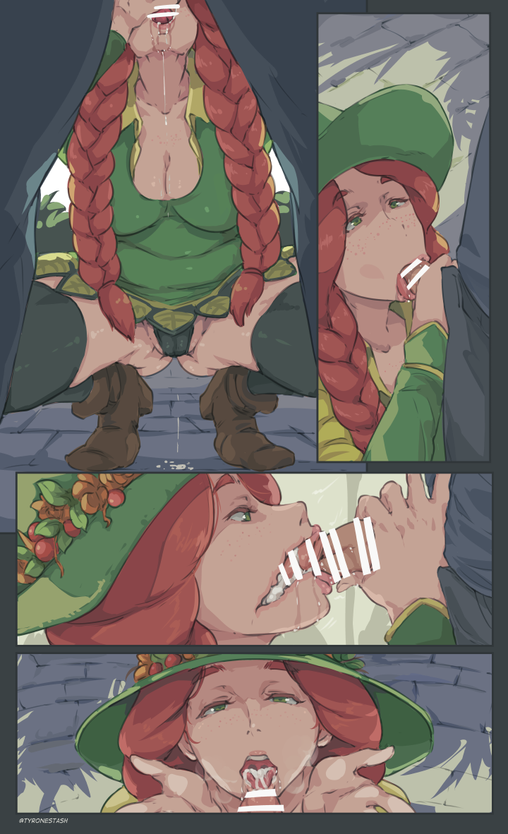 1girl bar_censor braid breasts censored cleavage comic cross-section cum cum_in_mouth cum_on_tongue dress ejaculation fellatio green_dress green_eyes green_headwear harry_potter_(series) hat hogwarts_legacy large_breasts long_hair long_sleeves low_twin_braids mirabel_garlick oral penis red_hair twin_braids tyrone witch_hat wizarding_world
