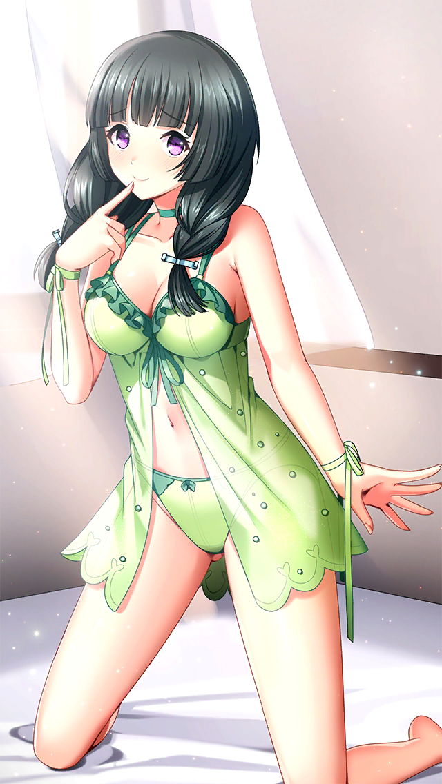 1girl bare_arms bare_legs barefoot bed_sheet black_hair blunt_bangs braid choker closed_mouth collarbone doukyuusei_(series) doukyuusei_another_world finger_to_mouth game_cg green_choker green_panties hair_over_shoulder index_finger_raised indoors kakyuusei kakyuusei_(series) kamiyama_miko kneeling lingerie long_hair looking_at_viewer navel negligee official_art panties purple_eyes ribbon smile solo twin_braids underwear wrist_ribbon