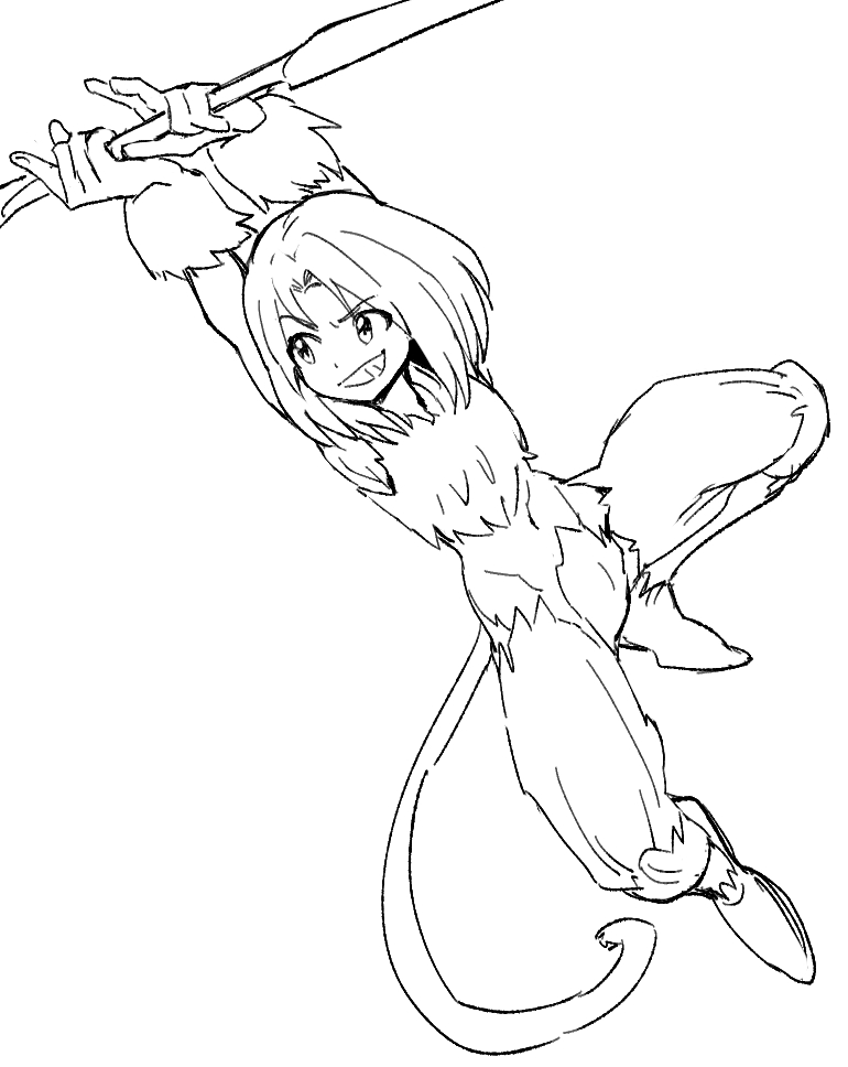1boy alternate_costume boots dede_(qwea_00000) final_fantasy final_fantasy_ix fur_wrist_cuffs furrowed_brow grin holding holding_weapon lineart male_focus medium_hair midriff monkey_tail navel parted_bangs smile solo tail teeth trance_zidane_tribal weapon white_background wrist_cuffs