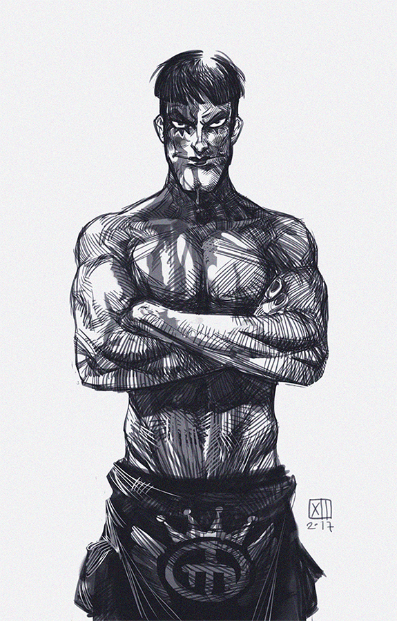 1boy abs bon_clay cowboy_shot creaturexiii crossed_arms double_chin greyscale looking_at_viewer male_focus monochrome one_piece parody_request pectorals serious short_hair solo standing toned toned_male topless_male