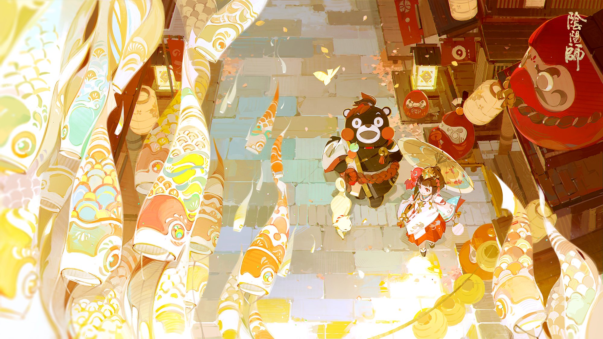 1girl a-shacho architecture brown_hair chinese_commentary dango daruma_doll east_asian_architecture fish_hair_ornament food geta hair_ornament highres japanese_clothes kagura_(onmyoji) koinobori kumamon oil-paper_umbrella onmyoji open_mouth red_eyes short_hair skewer smile umbrella wagashi wide_sleeves windsock