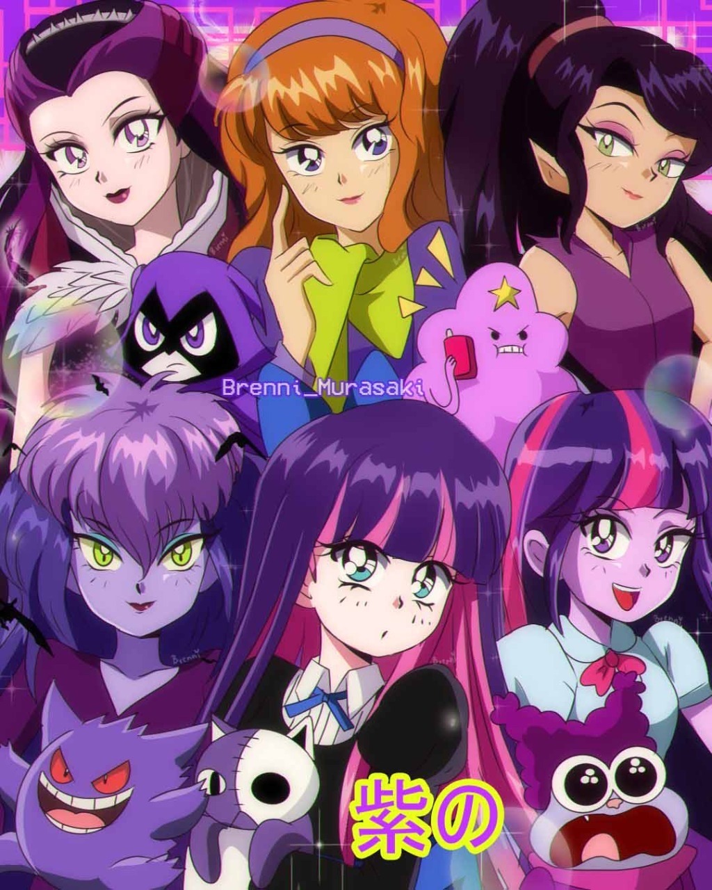1990s_(style) 1boy 6+girls :d adventure_time animification black_hair blue_eyes blue_eyeshadow blush bow brenni_murasaki chowder_(character) chowder_(series) closed_mouth color_connection colored_skin creatures_(company) crossover daphne_blake dc_comics disney_fairies_(film_series) ever_after_high eyeshadow game_freak gen_1_pokemon gengar green_eyes hair_bow hairband highres lipstick long_hair lumpy_space_princess makeup multiple_crossover multiple_girls my_little_pony my_little_pony:_equestria_girls my_little_pony:_friendship_is_magic nintendo open_mouth orange_hair panty_&amp;_stocking_with_garterbelt pink_eyeshadow pokemon pokemon_(creature) ponytail princess_twilight_sparkle purple_eyes purple_hair purple_hairband purple_skin purple_theme raven_(dc) raven_queen red_hair retro_artstyle scooby-doo sibella smile stocking_(psg) teen_titans_go! toon_(style) twilight_sparkle vidia wavy_mouth