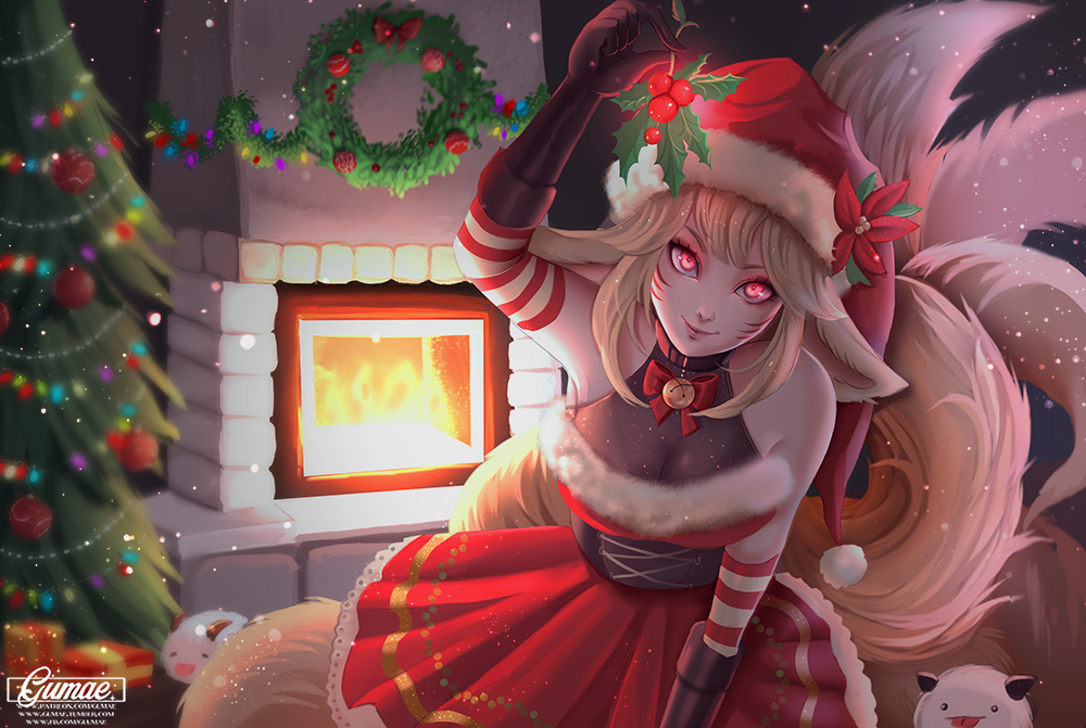 1girl ahri_(league_of_legends) animal_ears artist_name bell black_gloves blurry bow box breasts brick brown_hair choker christmas christmas_lights christmas_ornaments christmas_tree closed_mouth collar corset depth_of_field dress elbow_gloves facepaint facial_mark female_focus fire fireplace flower fox_ears fox_tail fur_trim gift gift_box gloves gumae hat holding holding_plant holly horns jingle_bell league_of_legends long_hair looking_at_viewer looking_up medium_breasts mistletoe mistletoe_ahri multiple_tails neck_bell pine_tree plant pleated_skirt poinsettia poro_(league_of_legends) red_bow red_dress red_eyes red_gloves red_hat santa_costume santa_hat skirt sleeveless smile solo striped_clothes striped_gloves tail tongue tongue_out tree very_long_hair watermark web_address whisker_markings white_gloves wreath