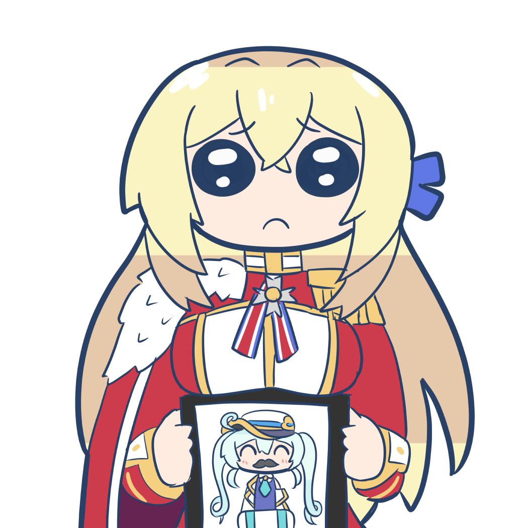 1girl anson_(azur_lane) aoirocombo azur_lane blonde_hair cape emoji hair_ribbon jacket king_george_v_(azur_lane) long_sleeves pleading_face_emoji red_cape ribbon sad