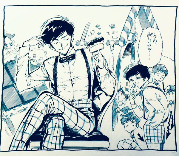 10s 6+boys arrow_(projectile) bad_id bad_twitter_id bow bowtie brothers candy chocolate chocolate_bar closed_eyes cookie crossed_legs dayoon dekapan donut eating facial_hair food food_on_face gingerbread_house greyscale hat male_focus matsuno_choromatsu matsuno_ichimatsu matsuno_jyushimatsu matsuno_karamatsu matsuno_osomatsu matsuno_todomatsu messy_hair monochrome multiple_boys mustache osomatsu-kun osomatsu-san osomatsu_(series) pants plaid_clothes plaid_pants sextuplets shorts siblings suspender_shorts suspenders swept_bangs tarasarami top_hat traditional_media