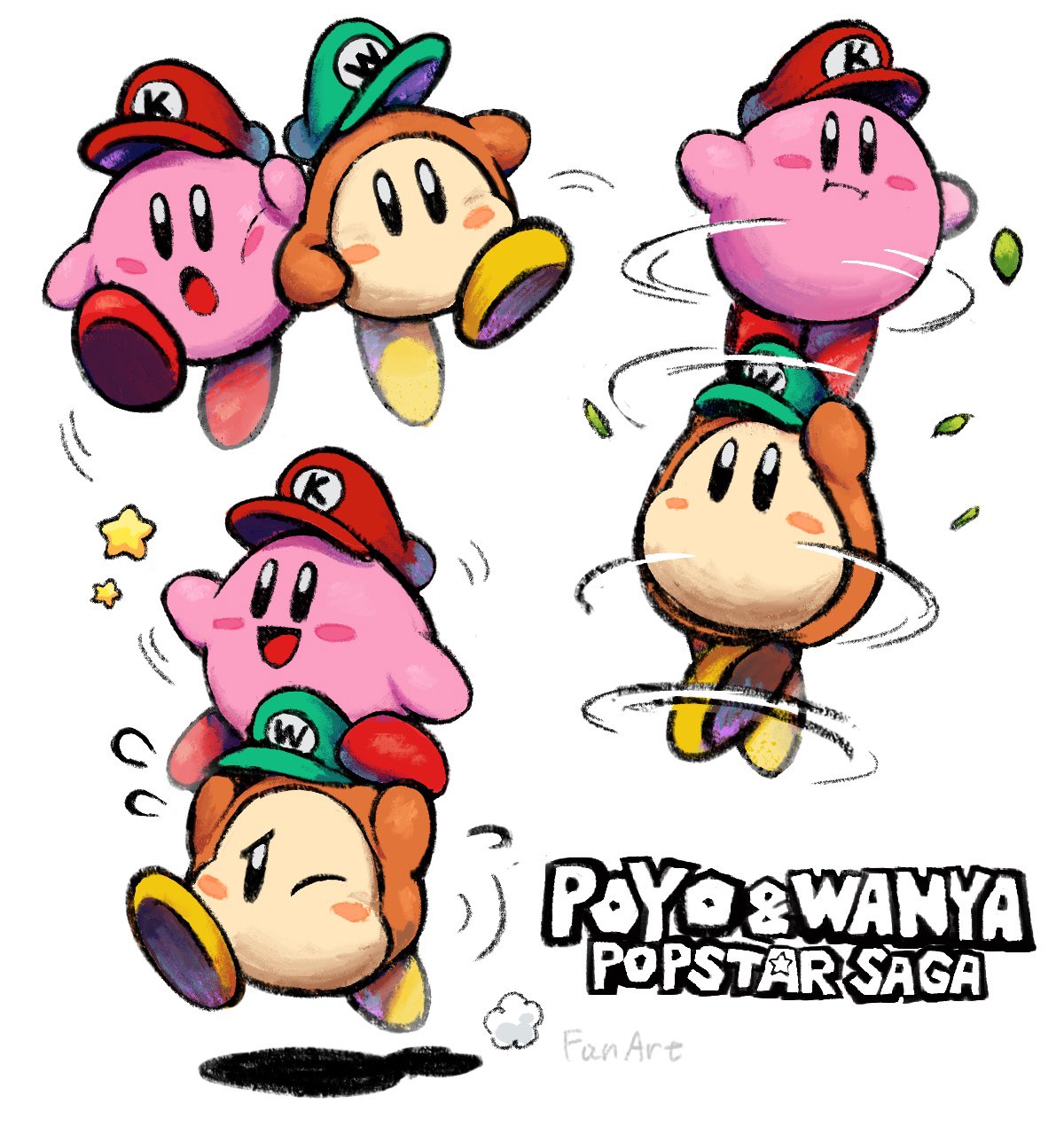 blush_stickers commentary english_commentary green_hat hat highres kirby kirby_(series) looking_at_viewer mario_&amp;_luigi:_superstar_saga mario_&amp;_luigi_rpg mario_(series) multiple_views nintendo no_humans one_eye_closed open_mouth red_hat simple_background star_(symbol) waddle_dee white_background ya_mari_6363