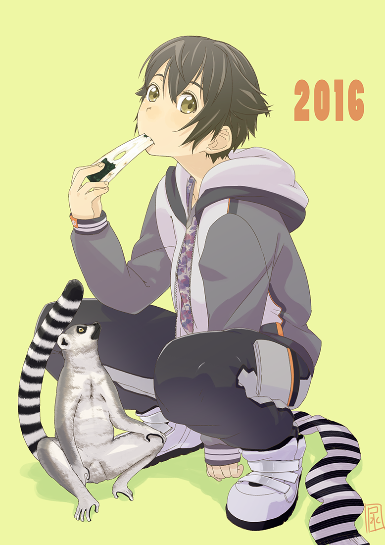 1girl 2016 eating female_focus green_background hood hoodie lemur necktie original satsuyo short_hair simple_background solo squatting tomboy