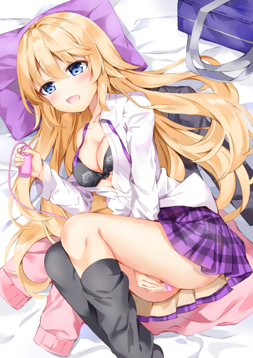 1girl :o ass bag bare_shoulders bed_sheet black_bra black_jacket black_thighhighs blazer blonde_hair blue_eyes blush bra breasts capsule_servant cardigan cleavage collarbone collared_shirt commentary_request dress_shirt fate/grand_order fate_(series) female_focus female_masturbation front-tie_bra front-tie_top hair_between_eyes hand_up highres holding jacket jeanne_d&#039;arc_(capsule_servant)_(fate) jeanne_d&#039;arc_(fate) jeanne_d&#039;arc_(ruler)_(fate) long_hair long_sleeves looking_at_viewer loose_thighhigh lying masturbation medium_breasts miniskirt neck_ribbon off_shoulder on_side open_mouth pillow pink_cardigan plaid_clothes plaid_skirt pleated_skirt purple_neckwear purple_skirt ribbon school_bag school_uniform sex_toy shirt sidelocks skirt solo sugisaki_yuu thighhighs thighs underwear undone_neck_ribbon unworn_cardigan unworn_jacket vibrator white_shirt