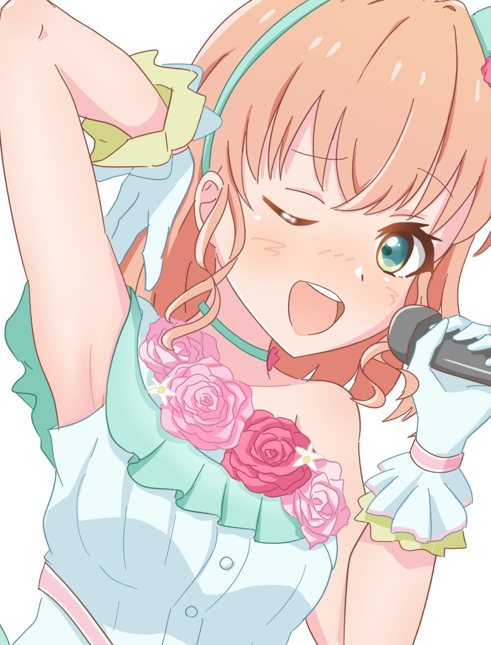 1girl ;d aqua_eyes aqua_hairband arm_up armpits blush breasts chu!_chocolate collarbone commentary crossed_bangs dress flower flower-trimmed_dress frilled_dress frilled_gloves frills gloves hairband highres hinoshita_kaho holding holding_microphone link!_like!_love_live! looking_at_viewer love_live! medium_breasts medium_hair microphone nose_blush official_alternate_costume one_eye_closed open_mouth orange_hair pink_flower pink_rose rose simple_background single-shoulder_dress single_bare_shoulder smile solo tasogare0101 upper_body virtual_youtuber white_background white_dress white_gloves yume_wazurai
