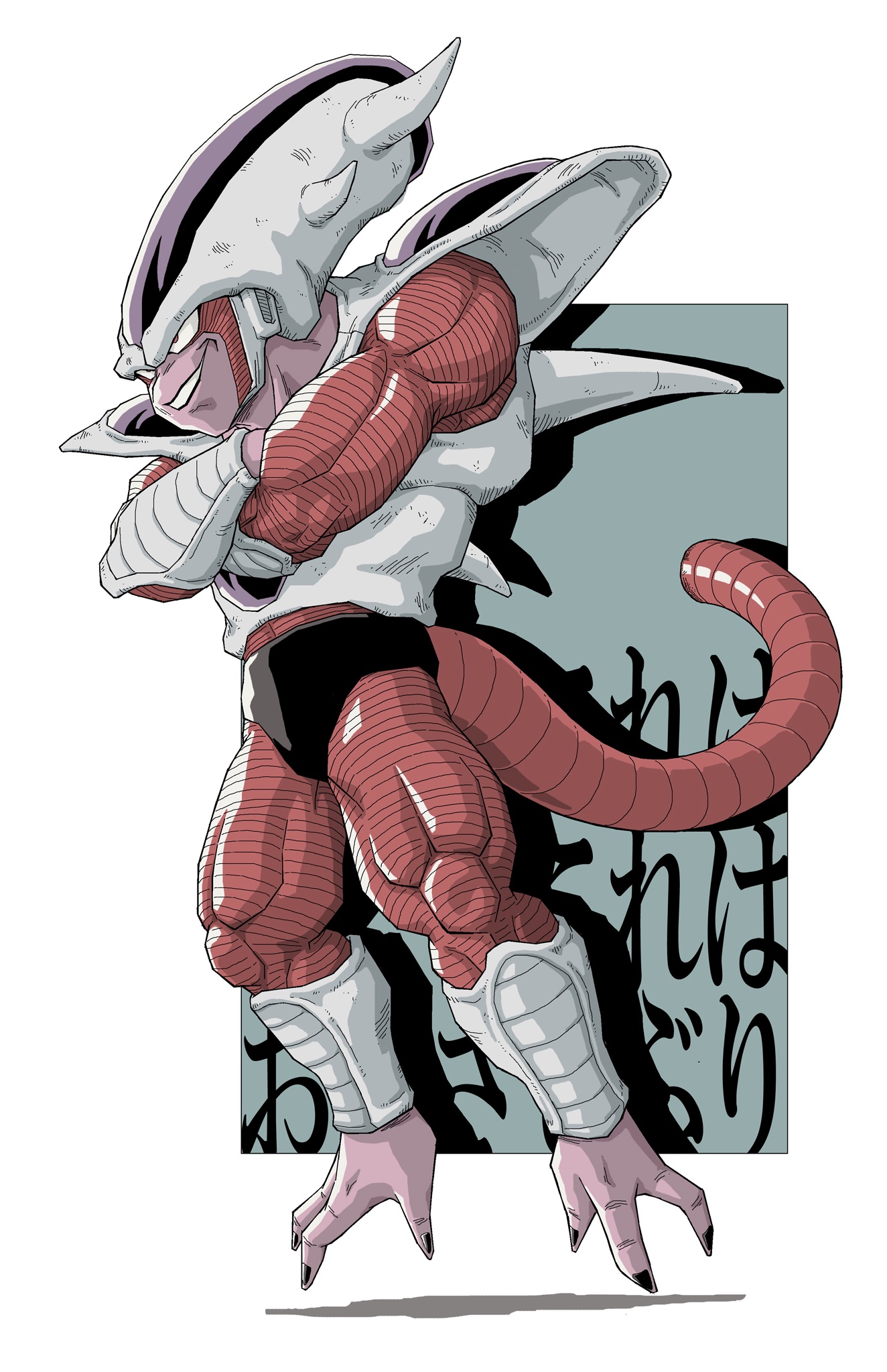 1boy 3rd_form_frieza alien black_nails colored_skin commentary_request crossed_arms dragon_ball dragonball_z floating frieza from_below full_body grin highres long_head looking_ahead male_focus muscular muscular_male n_(n14542698) pink_skin red_eyes simple_background smile solo spikes tail white_background