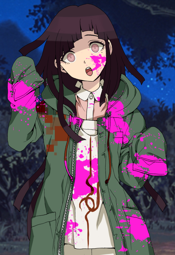 1girl :o black_hair blood blood_on_clothes collared_shirt cosplay danganronpa_(series) danganronpa_2:_goodbye_despair dosugon hood hood_down jacket komaeda_nagito komaeda_nagito_(cosplay) long_hair long_sleeves night open_clothes open_jacket outdoors pink_blood pink_shirt print_shirt shirt sleeves_past_fingers sleeves_past_wrists solo teeth tsumiki_mikan upper_teeth_only