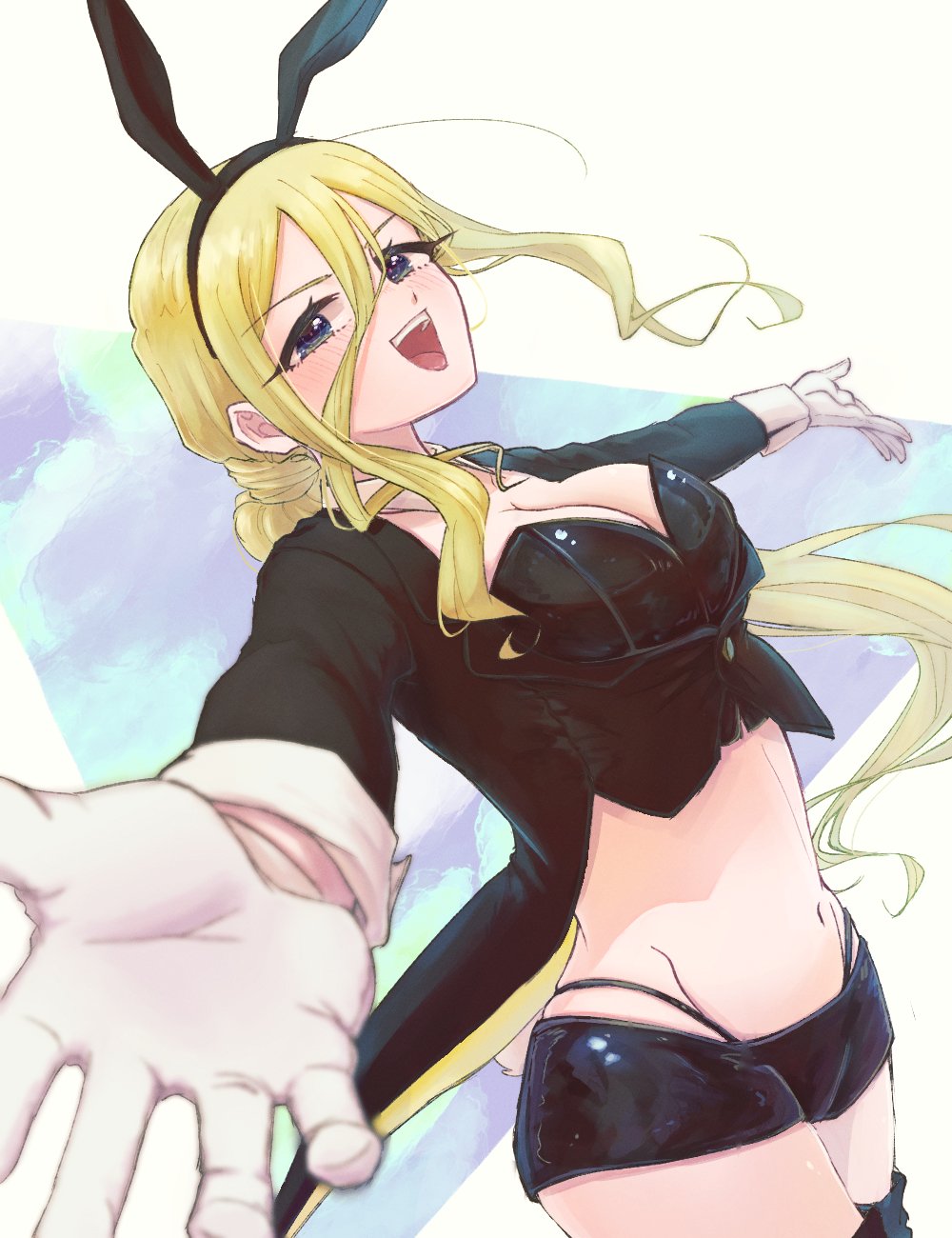 1girl :d animal_ears black_headband black_shorts blonde_hair blue_eyes breasts cleavage cowboy_shot detached_collar fake_animal_ears fake_tail gloves headband highleg highleg_panties highres kimi_no_koto_ga_dai_dai_dai_dai_daisuki_na_100-nin_no_kanojo large_breasts long_hair long_sleeves looking_at_viewer oknomyk open_mouth outstretched_arms panties rabbit_ears rabbit_tail short_shorts shorts smile solo tail underwear very_long_hair white_gloves yamato_nadeshiko_(hyakkano)