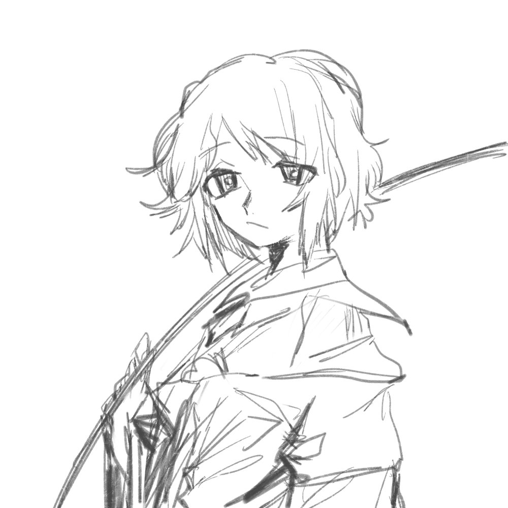 1other androgynous chinese_commentary closed_mouth commentary_request greyscale heinrich_(fernanderuddle) holding houlen_yabusame layered_sleeves len&#039;en long_sleeves looking_at_viewer monochrome other_focus short_hair short_over_long_sleeves short_sleeves simple_background sketch solo white_background