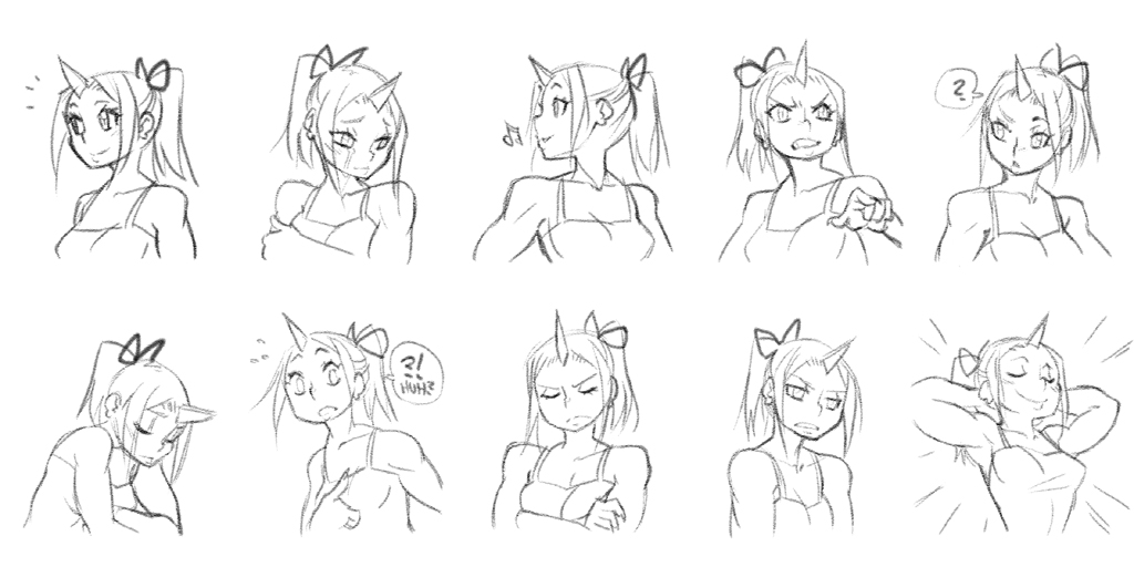 00s 1girl ? basilisk crybringer demon_mages multiple_expressions greyscale hair_ribbon horns monochrome monster_girl ponytail ribbon single_horn sketch tank_top toned toned_female ziggy_kakziga