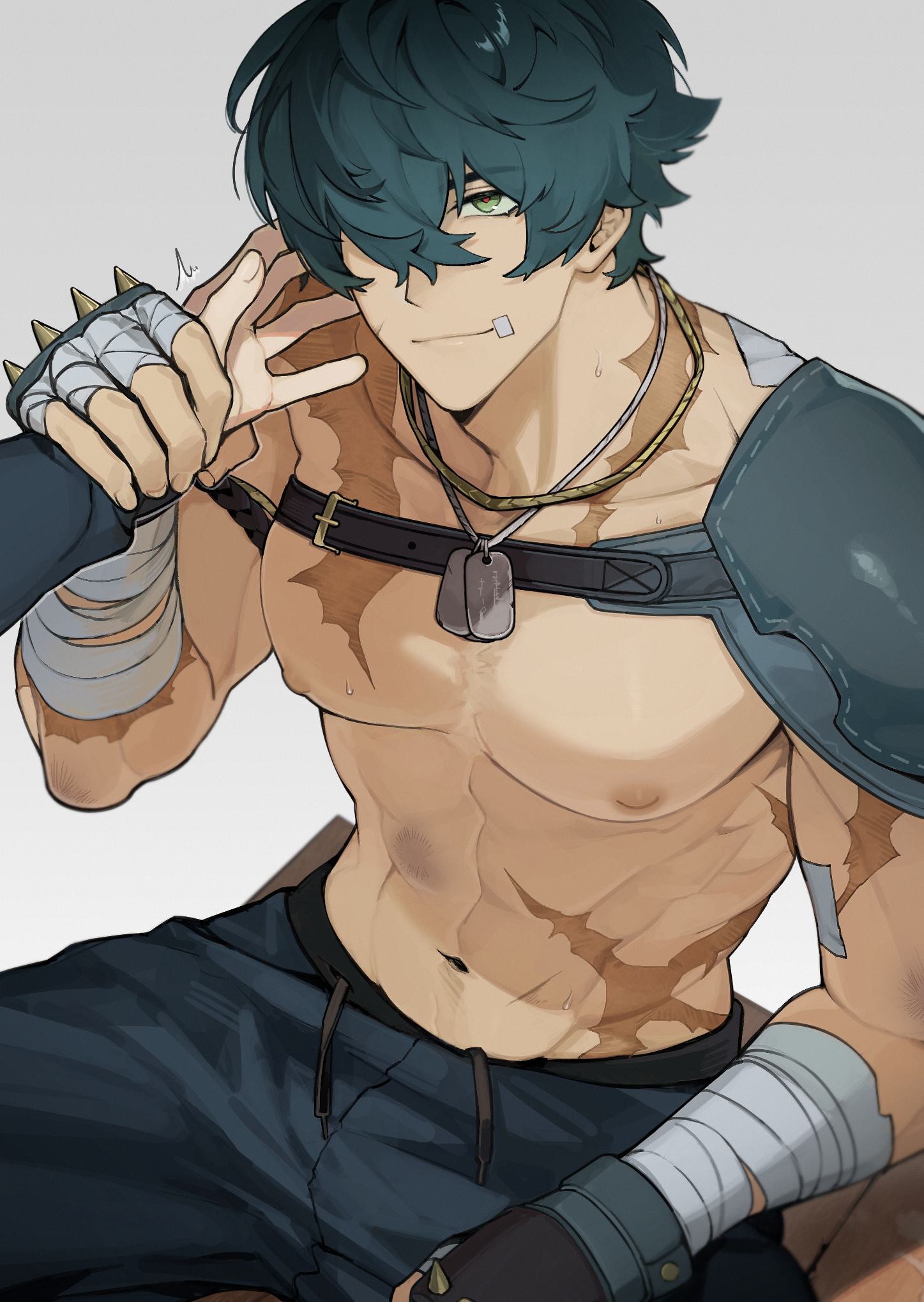 2boys abs armor bandaged_arm bandaged_hand bandages bandaid bandaid_on_face bara closed_mouth commentary cross_scar dog_tags english_commentary fingerless_gloves fumei20220904 gloves green_eyes green_hair hair_over_one_eye highres holding_another's_arm jewelry lighter_(zenless_zone_zero) looking_at_another male_focus multiple_boys multiple_scars muscular muscular_male navel necklace nipples pauldrons pectorals scar scar_on_arm scar_on_neck scar_on_shoulder scar_on_stomach shoulder_armor single_pauldron sitting smile spiked_knuckles sweat topless_male white_background wise_(zenless_zone_zero) zenless_zone_zero