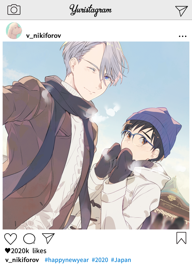 2boys ;) black_hair blue_eyes brown_eyes coat fake_screenshot hat instagram katsuki_yuuri kuroemon makkachin male_focus mittens multiple_boys one_eye_closed scarf selfie silver_hair smile sweater turtleneck turtleneck_sweater viktor_nikiforov yuri!!!_on_ice