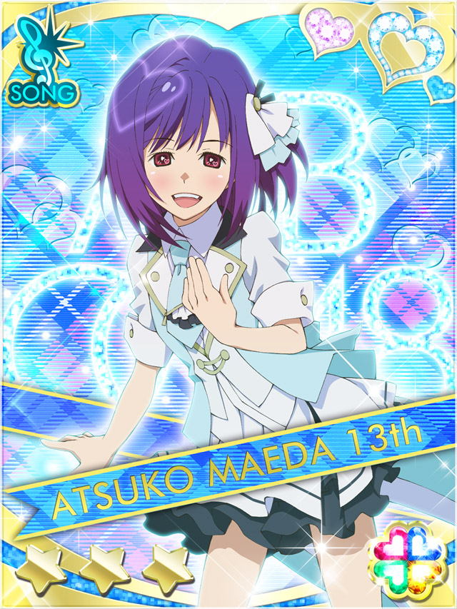 1girl :d akb0048 asymmetrical_hair blue_background blue_necktie card_(medium) character_name collared_dress cowboy_shot dress frilled_dress frills hand_on_own_chest heart looking_at_viewer maeda_atsuko_(akb0048) multicolored_dress necktie non-web_source official_art one_side_up open_mouth purple_eyes purple_hair short_hair short_sleeves smile solo sparkle standing star_(symbol) teeth upper_teeth_only