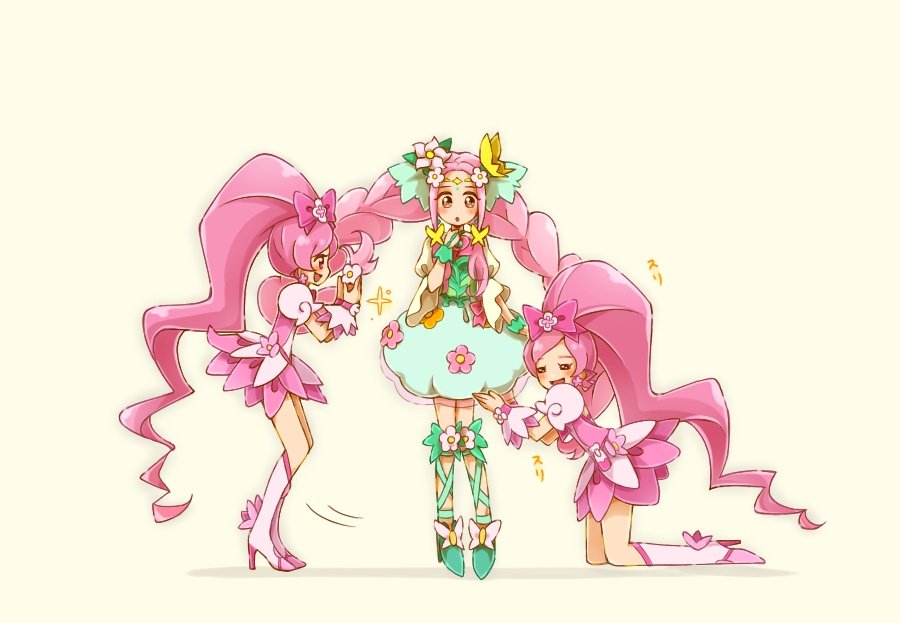 2girls boots bow braid brooch butterfly_hair_ornament cure_blossom cure_felice dress flower flower_brooch full_body green_shoes hair_bow hair_flower hair_ornament hanami_kotoha hanasaki_tsubomi heartcatch_precure! high_heel_boots high_heels high_ponytail juliet_sleeves knee_boots kneeling leg_ribbon long_hair long_sleeves looking_at_another magical_girl mahou_girls_precure! multiple_girls pink_boots pink_dress pink_hair ponytail precure puffy_short_sleeves puffy_sleeves ribbon shoes short_sleeves simple_background standing twin_braids very_long_hair white_background yuu13