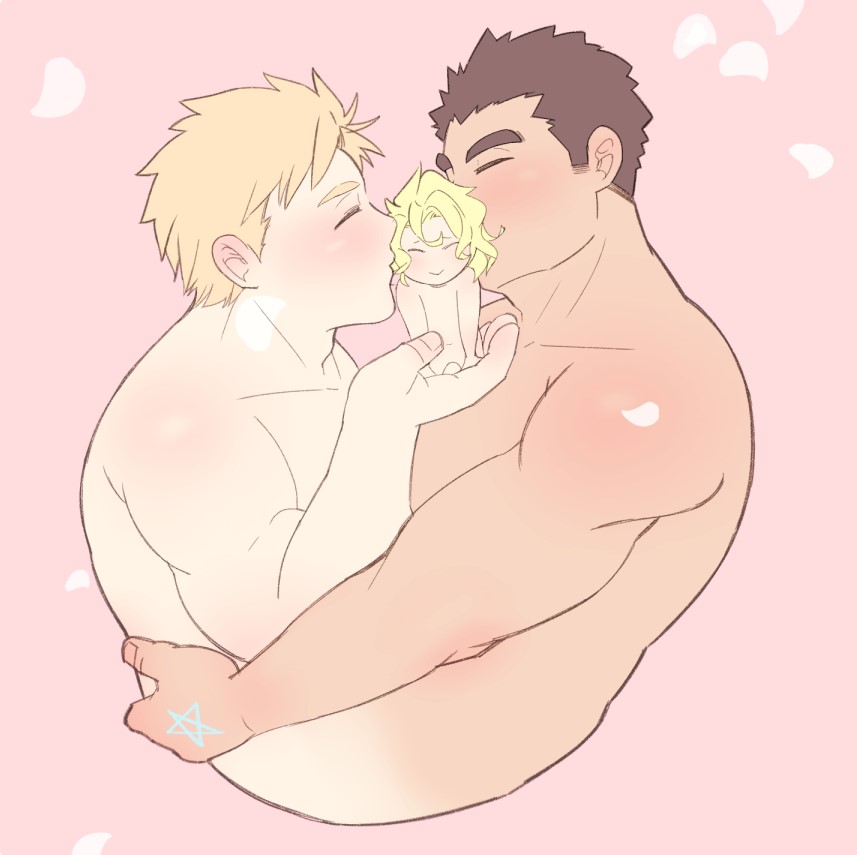 3boys bara blonde_hair brown_hair character_request cheek_kiss cropped_torso double_cheek_kiss facial_hair happy kiss kissing_cheek male_focus mini_person miniboy multiple_boys nude pectorals petals pink_background profile protagonist_3_(housamo) ragi_san_(ononokomachiimo) short_hair sideburns_stubble stubble thick_eyebrows tokyo_houkago_summoners toned toned_male yaoi