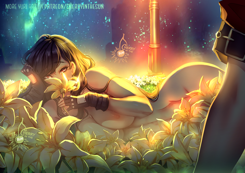 2girls aerith_gainsborough black_hair breasts cherry_in_the_sun covering_own_mouth final_fantasy final_fantasy_vii flower flower_over_mouth gloves lamppost large_breasts long_hair looking_at_viewer lying multiple_girls nipples nude on_side outdoors red_eyes tifa_lockhart yellow_flower yuri
