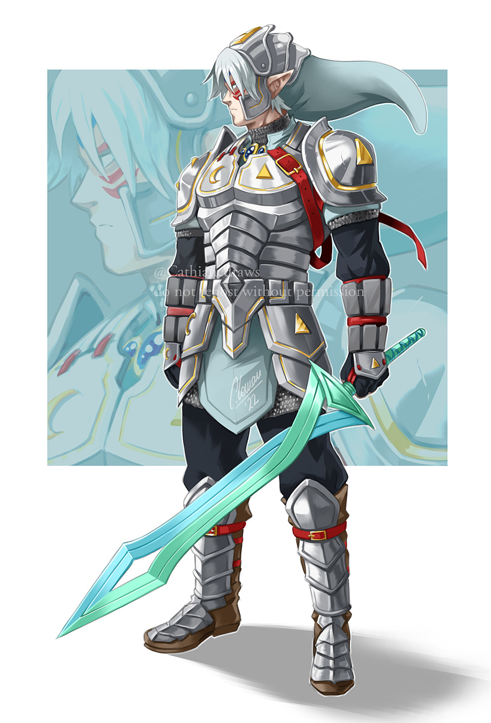 1boy armor cathianemelian chainmail double_helix facial_mark fierce_deity fingerless_gloves gloves greatsword greaves helix highres link nintendo possessed possession profile sword the_legend_of_zelda the_legend_of_zelda:_majora&#039;s_mask weapon white_eyes white_hair