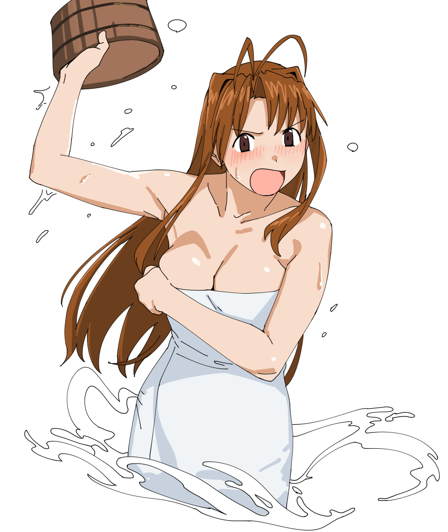 1girl antenna_hair basin breasts brown_eyes cleavage cowboy_shot long_hair looking_at_viewer love_hina medium_breasts naked_towel narusegawa_naru ojipon open_mouth simple_background solo throwing towel water white_background
