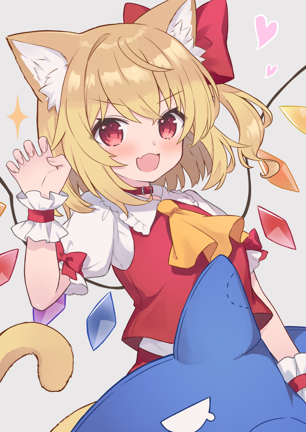 1girl :d ahase_hino animal_ear_fluff animal_ears bite_mark blonde_hair bow cat_ears cat_girl cat_tail collar collared_shirt commentary_request cowboy_shot crystal flandre_scarlet frilled_shirt_collar frills grey_background hand_up heart highres kemonomimi_mode long_hair looking_at_viewer no_headwear open_mouth paw_pose puffy_short_sleeves puffy_sleeves red_bow red_collar red_eyes red_vest shirt short_sleeves side_ponytail simple_background smile solo stuffed_animal stuffed_shark stuffed_toy tail touhou vest white_shirt wings wrist_cuffs