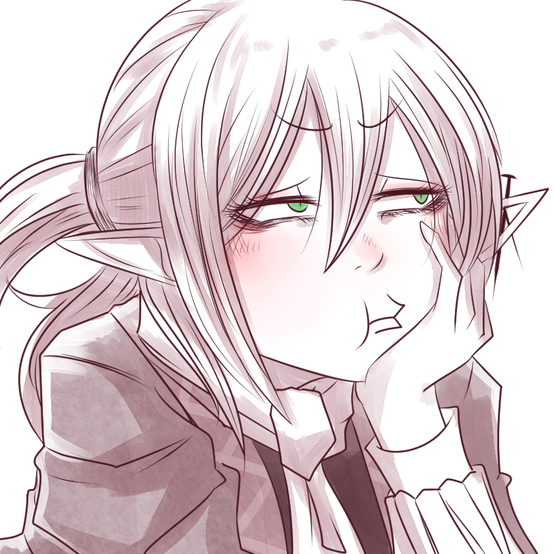 1girl :t bags_under_eyes blush closed_mouth commentary_request green_eyes hair_between_eyes hand_on_own_cheek hand_on_own_face long_bangs mizuhashi_parsee pointy_ears pout scarf sei_no_ji shirt short_hair simple_background solo touhou upper_body v-shaped_eyebrows