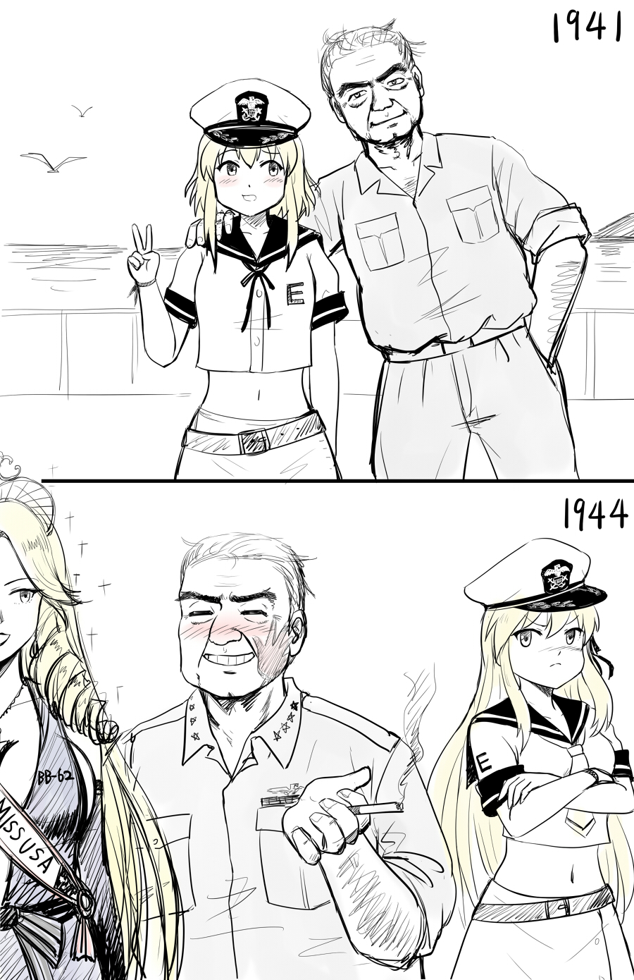 10s 1boy 2girls age_progression belt blush cigarette comic crossed_arms enterprise_(pacific) hand_on_shoulder highres kantai_collection midriff military military_uniform monochrome multiple_girls navel new_jersey_(pacific) original pacific_(kancolle) pocket real_life ribbon sailor_collar simple_background slap_mark sparkle standing uss_enterprise_(cv-6) uss_new_jersey_(bb-62) v white_background william_halsey_jr y.ssanoha