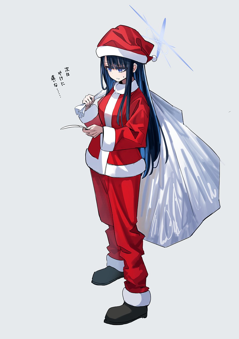 1girl black_hair black_shoes blue_archive blue_eyes blue_halo christmas full_body grey_background halo hat highres holding holding_sack long_hair long_sleeves miyoshi_nao_(miyoshist) pants red_pants sack santa_costume santa_hat saori_(blue_archive) shoes simple_background solo translation_request